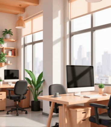 A modern office layout displaying functional furniture, including desks and chairs, designed for a professional atmosphere.