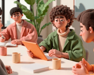 A group of three people gathered around a table