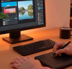 A person draws on a computer screen using a tablet