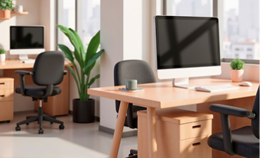 A modern office layout displaying functional furniture, including desks and chairs, designed for a professional atmosphere.
