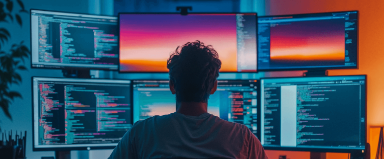 A web designer focused on multiple computer screens, showcasing web design & development work in progress.